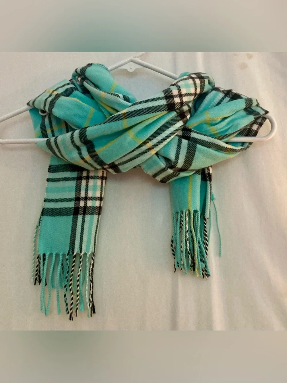 Turquoise Cashmere Feel Plaid Scarf with Fringe Size 76”x13”